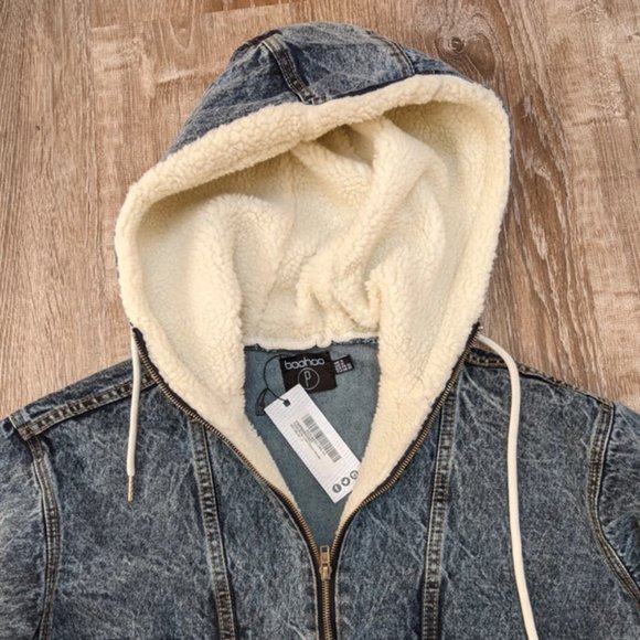 NWT Boohoo Oversized Denim Sherpa Sweatshirt Style Jacket Size 0 Petite - Picture 5 of 16